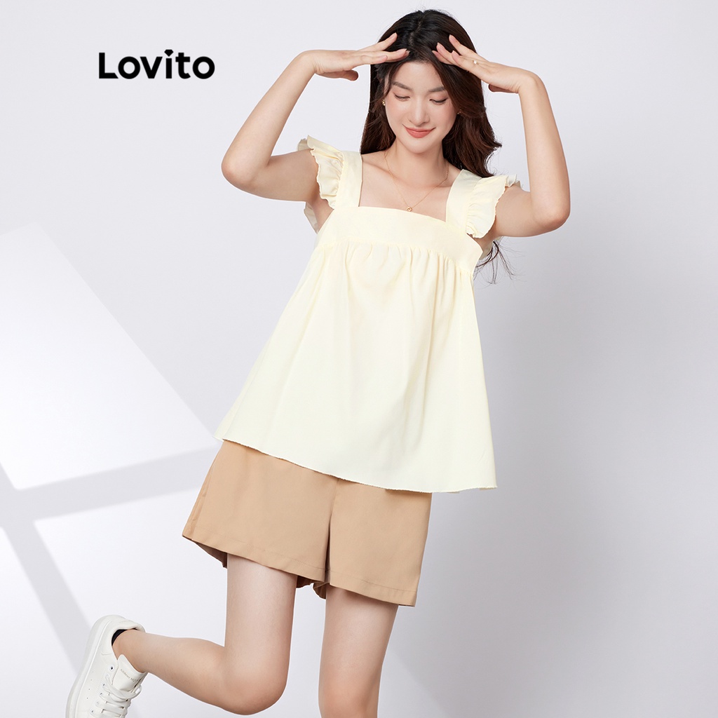 [Hàng có sẵn] Bộ Quần Short Xòe Nhún Bèo Màu Trơn Lovito L29AD064 (Màu Mơ)
