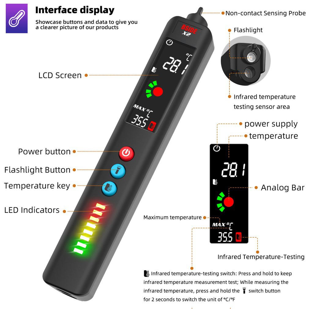Đồng hồ vạn năng thông minh đa chức năng Bside X2 / Đo nhiệt độ bằng tia hồng ngoại / Bút điện AC / DC / Độ nhạy cực cao / Màn hình LED LCD
