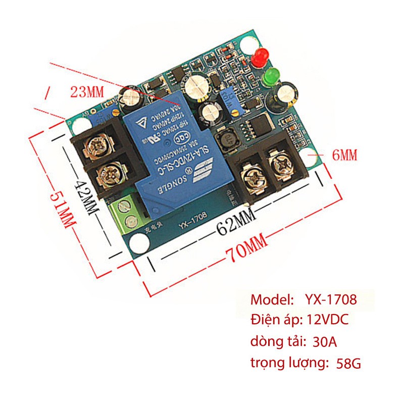 Module mạch kiểm soát và điều khiển tự động sạc bình ắc quy YX1708 -12VDC 30A