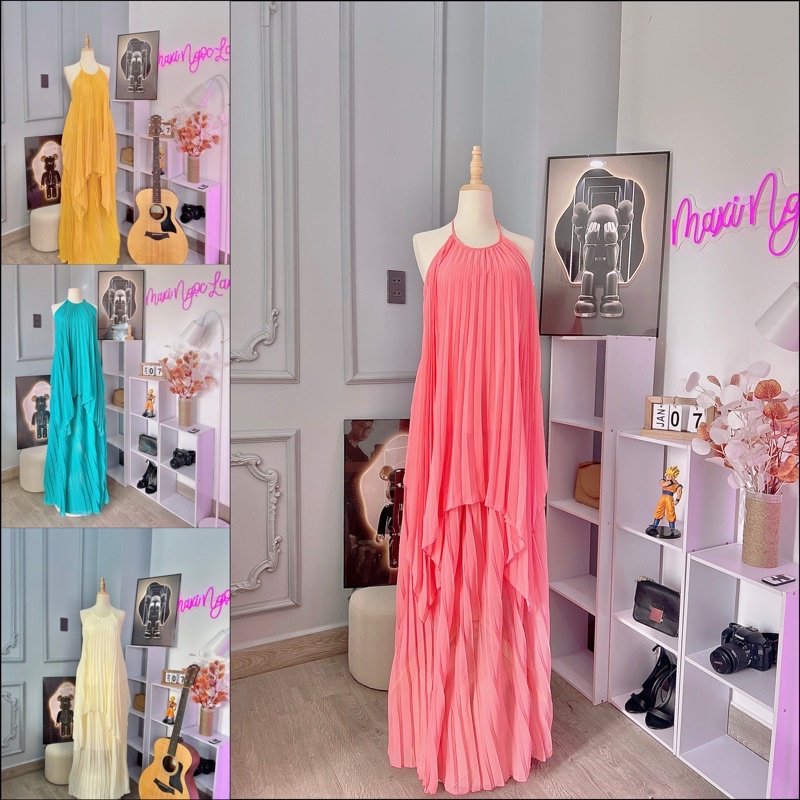 Sét đầm maxi đi biển dập ly 3 màu - Maxi Ngọc Lan