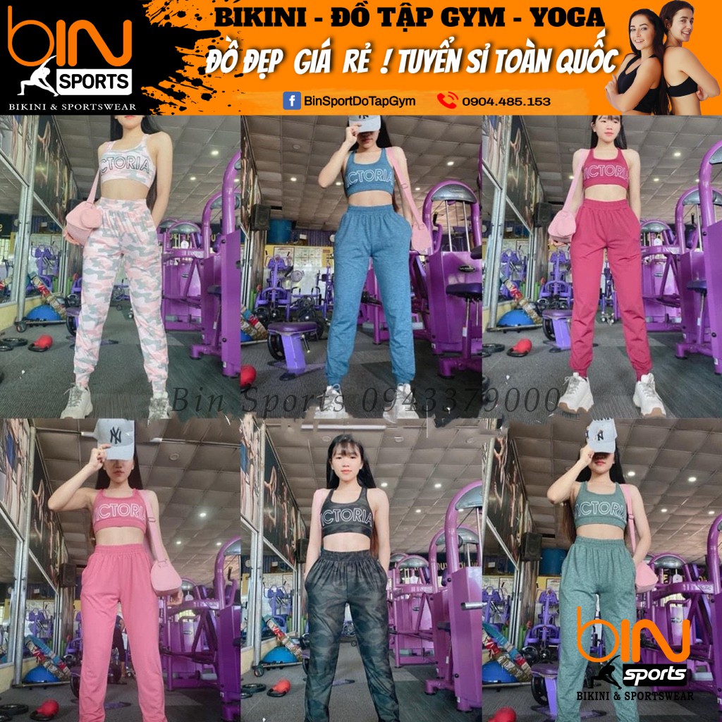 Bộ tập thể thao gym yoga nữ áo bra quần dài jogger kèm mút cao cấp Bin Sport BD063