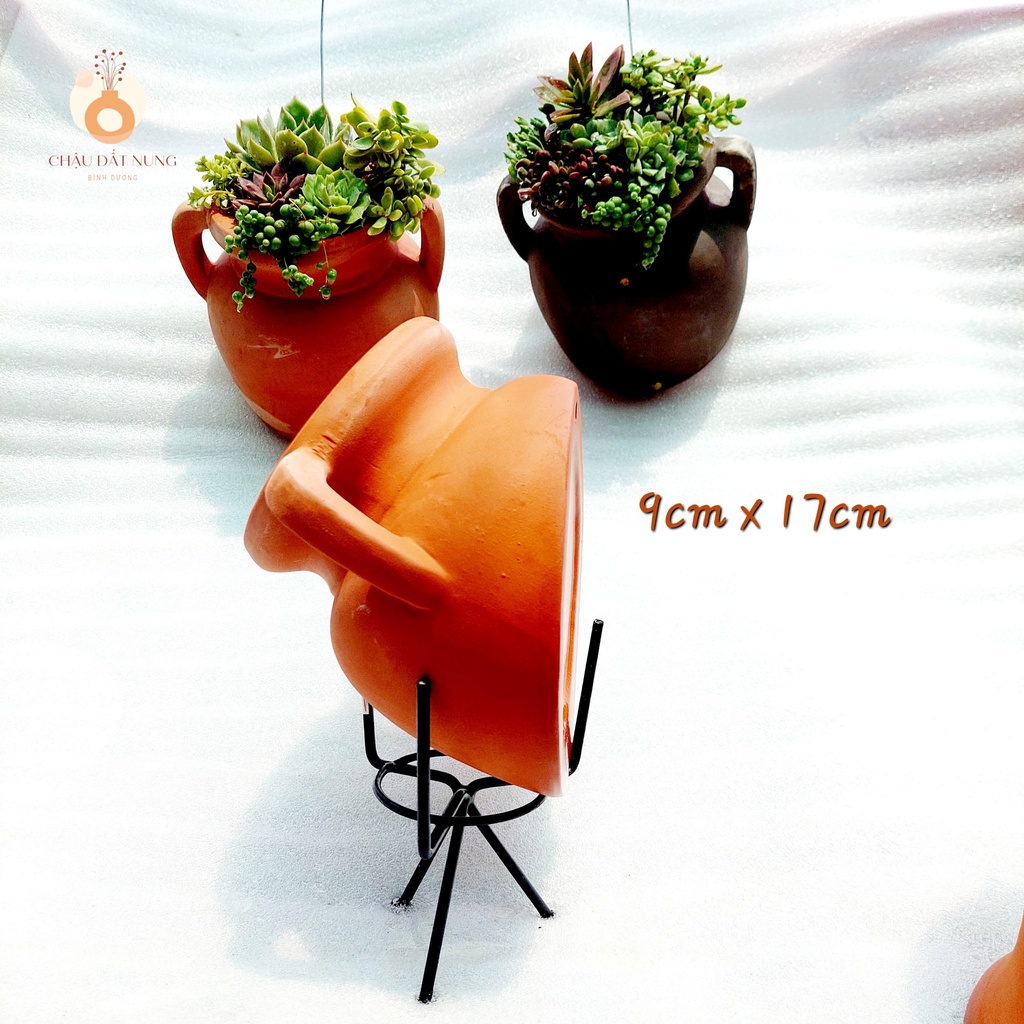 Chậu đất nung, Chậu sen đá - Ốp tường quai - miệng chậu 9cm, chiều cao 17cm