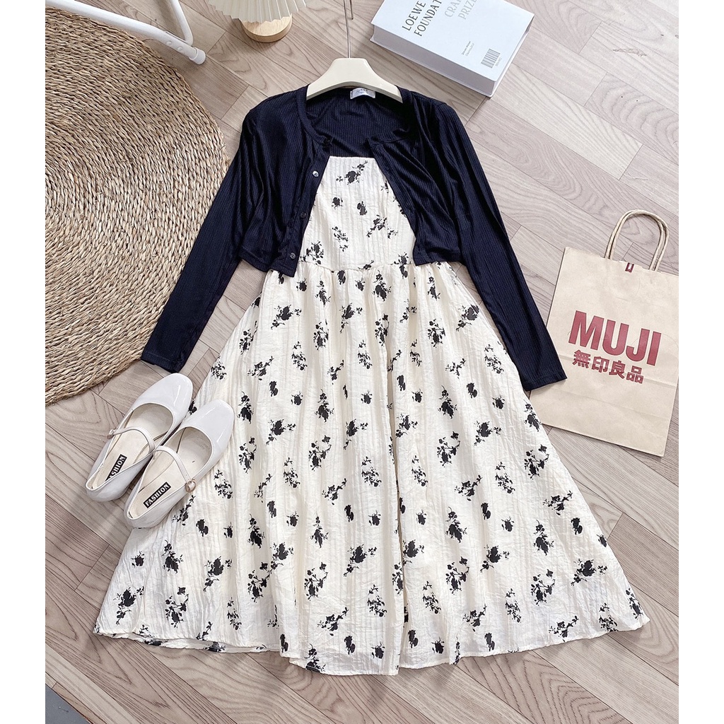 🌸SET VÁY CÚP CHUN 2 LỚP mix ÁO CARDIGAN LEN🍓lolla_ye_fashion
