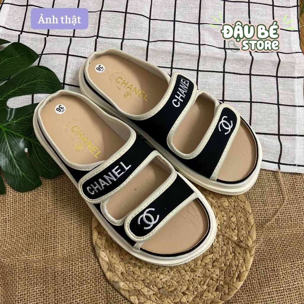 Dép Sandal Nữ 2 Quai Ngang Dán Cha.nel Hottrend - Dép Xăng Đan Đế Bánh Mì Cao 3cm Thời Trang Đi Biển Mùa Hè -Daube- D012