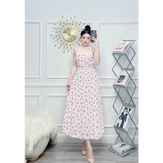 MAXI 2 DÂY CỔ ĐỔ VÁY HOA (SẴN MÚT NGỰC )FREESIZE
