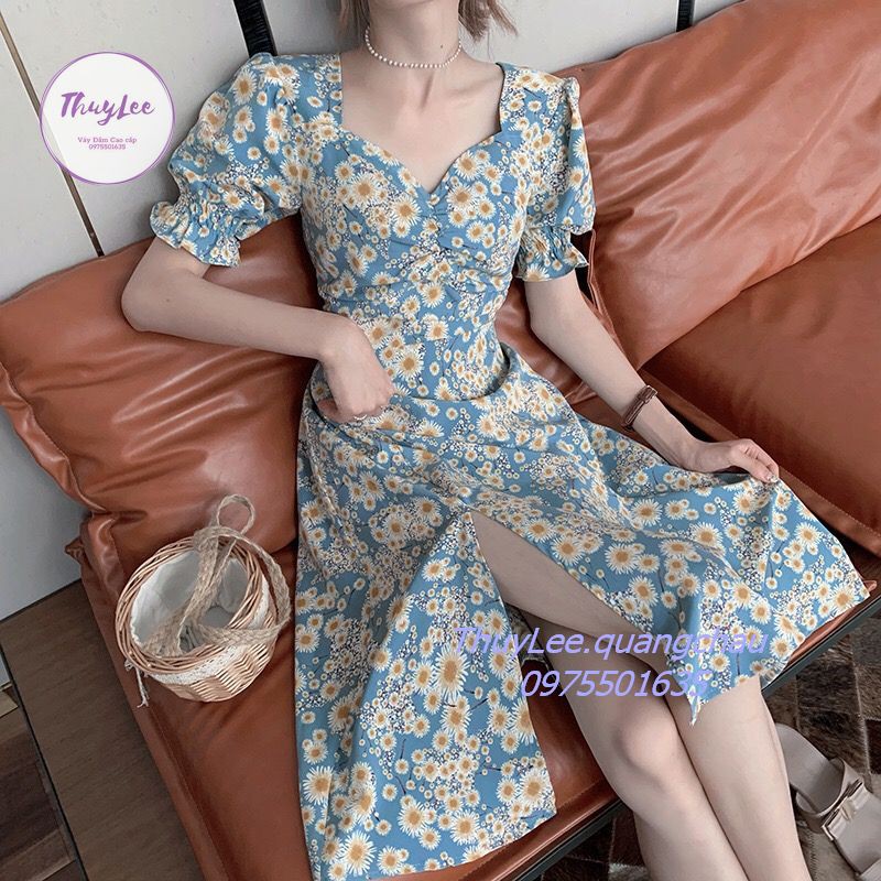 Đầm Tay Ngắn Cổ Vuông Họa Tiết Hoa Cúc Thời Trang Cao Cấp Xuất Hàn | BigBuy360 - bigbuy360.vn