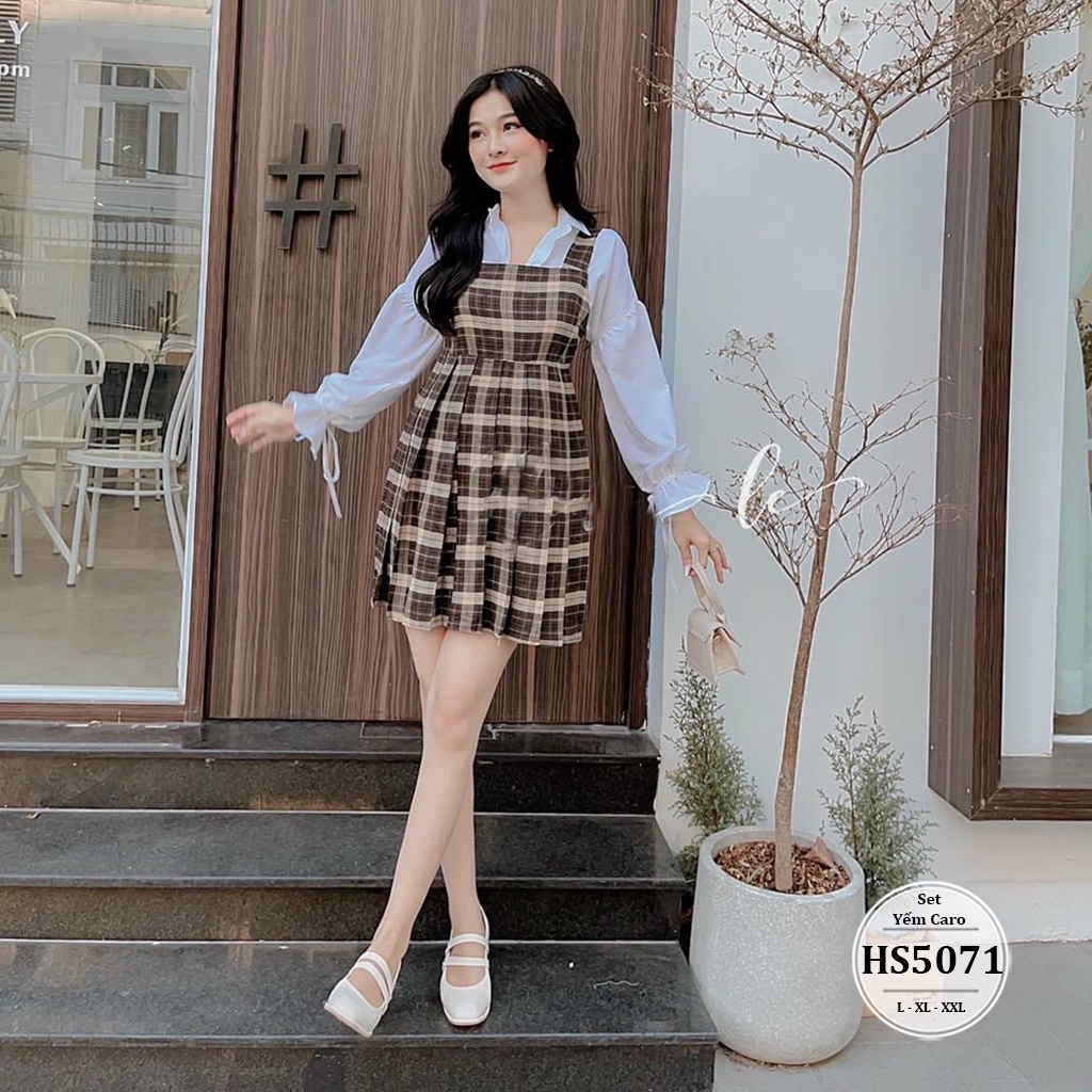 Set váy yếm caro + áo sơ mi trắng bigsize nữ 2 món HS5071 - Sét Áo sơ mi trắng tay bo kết hợp với yếm caro bigsize