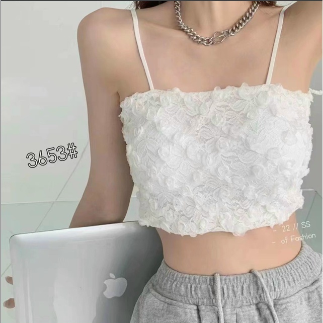 Áo bra ren 2 dây dáng croptop ren hoa hồng 3D nổi cực xinh
