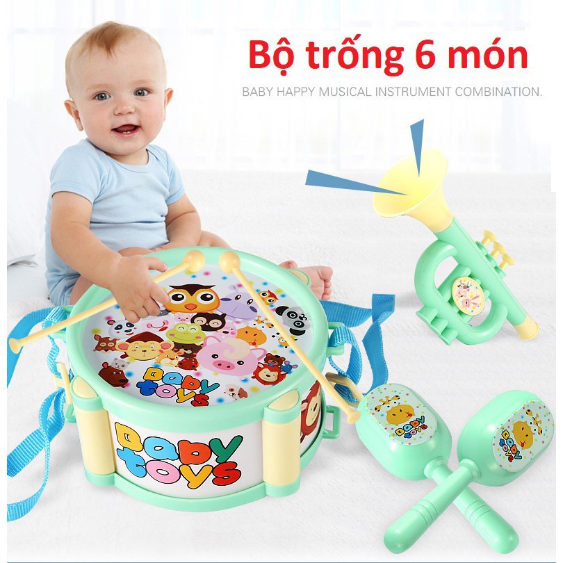 Bộ Nhạc Cụ Đồ Chơi Animal 6 Món Gồm Trống/Lục Lạc/Kèn Trumpet/Dùi Trống Cho Trẻ Sơ Sinh Đến 2 Tuổi