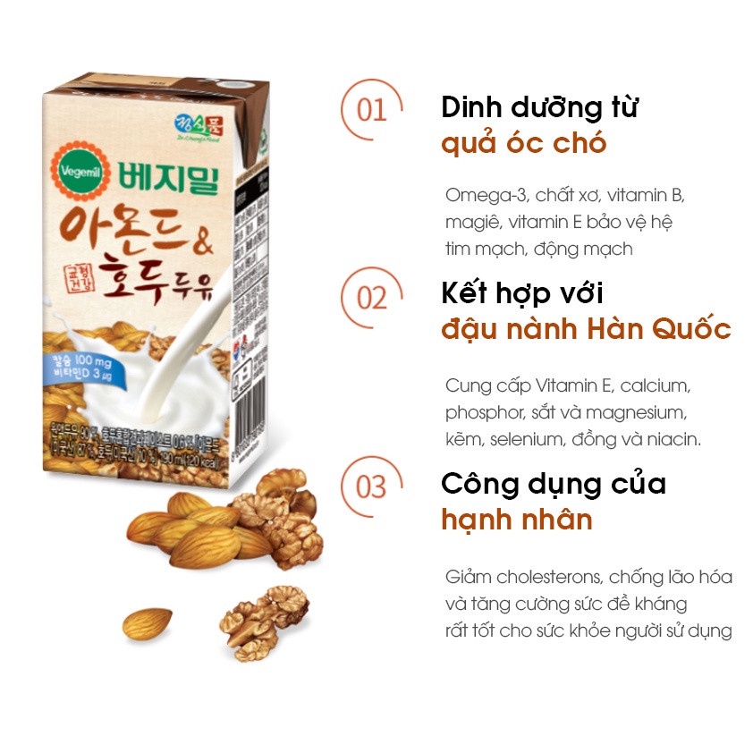 Sữa Hạnh Nhân Óc Chó Vegemil Sữa Hạt Hàn Quốc Thơm Ngon Bổ Dưỡng (1 HỘP 190ML)