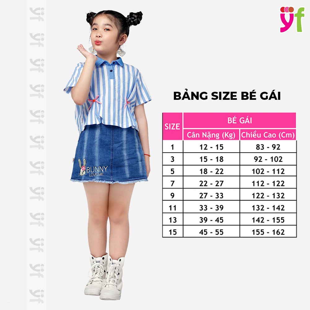 Áo kiểu bé gái YF thiết kế croptop phối cổ, 2 màu sọc xanh, hồng 9AX508