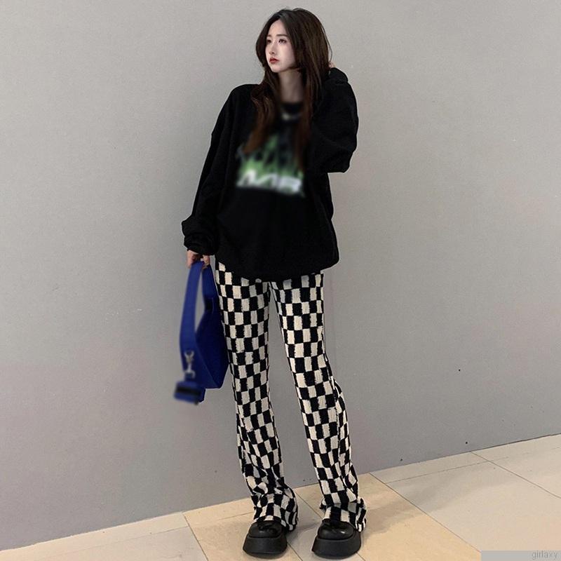 Quần dài ống rộng họa tiết kẻ ca rô trẻ trung cho nữ