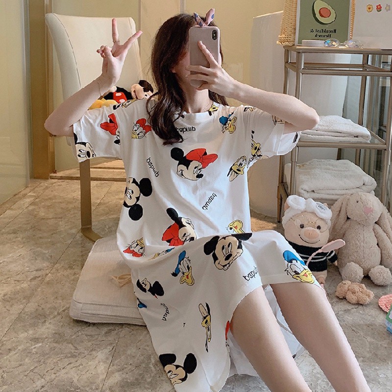 Váy ngủ nữ cộc tay chất cotton giấy mềm mát HỌA TIẾT HOẠT HÌNH SIÊU KUTE bầu bí bon chen V285