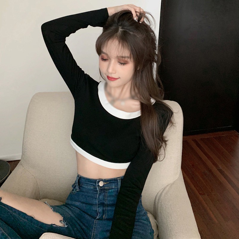 Áo thun croptop tay dài màu trơn thiết kế quyến rũ