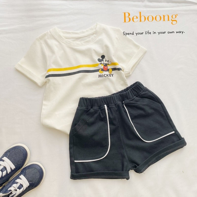 Bộ cotton đùi áo cộc trắng micky 2 sọc ngang quần đen cho bé trai