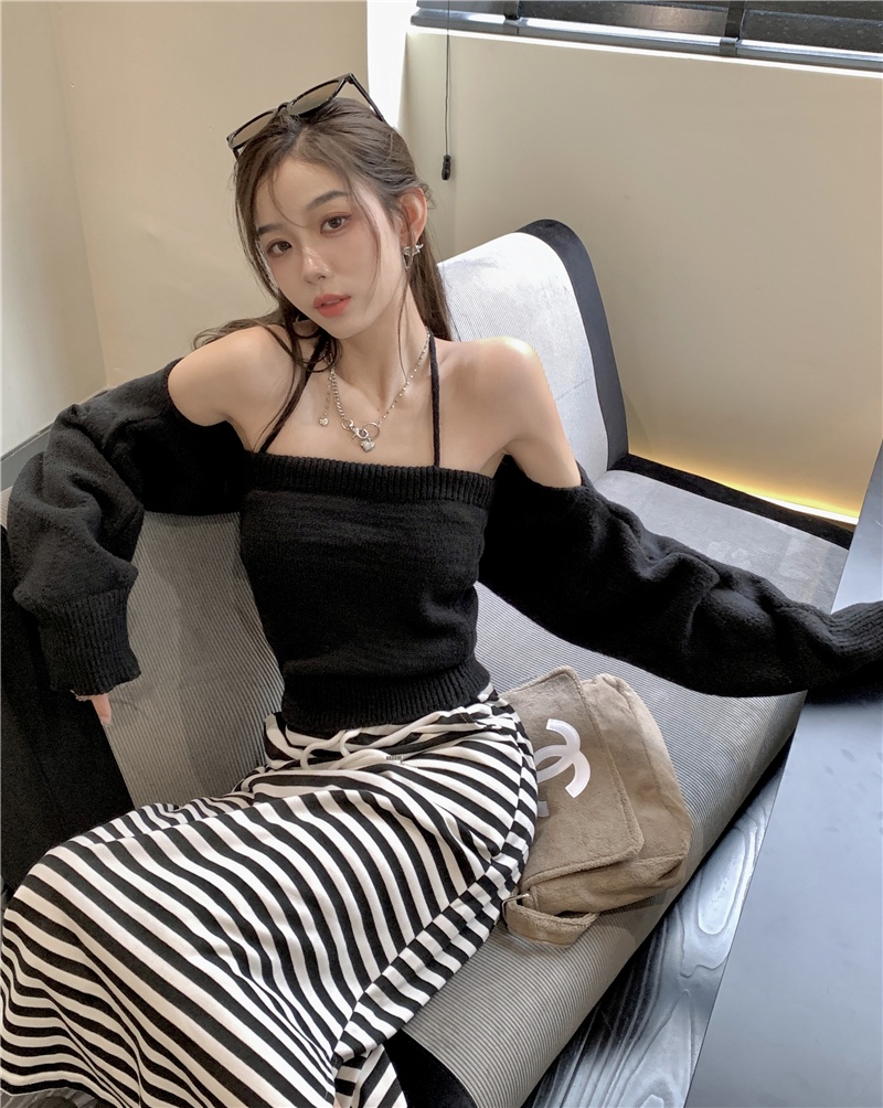55091 Phong Cách Mới Áo Yếm Dệt Kim + Áo Cardigan Ngắn Hai Mảnh