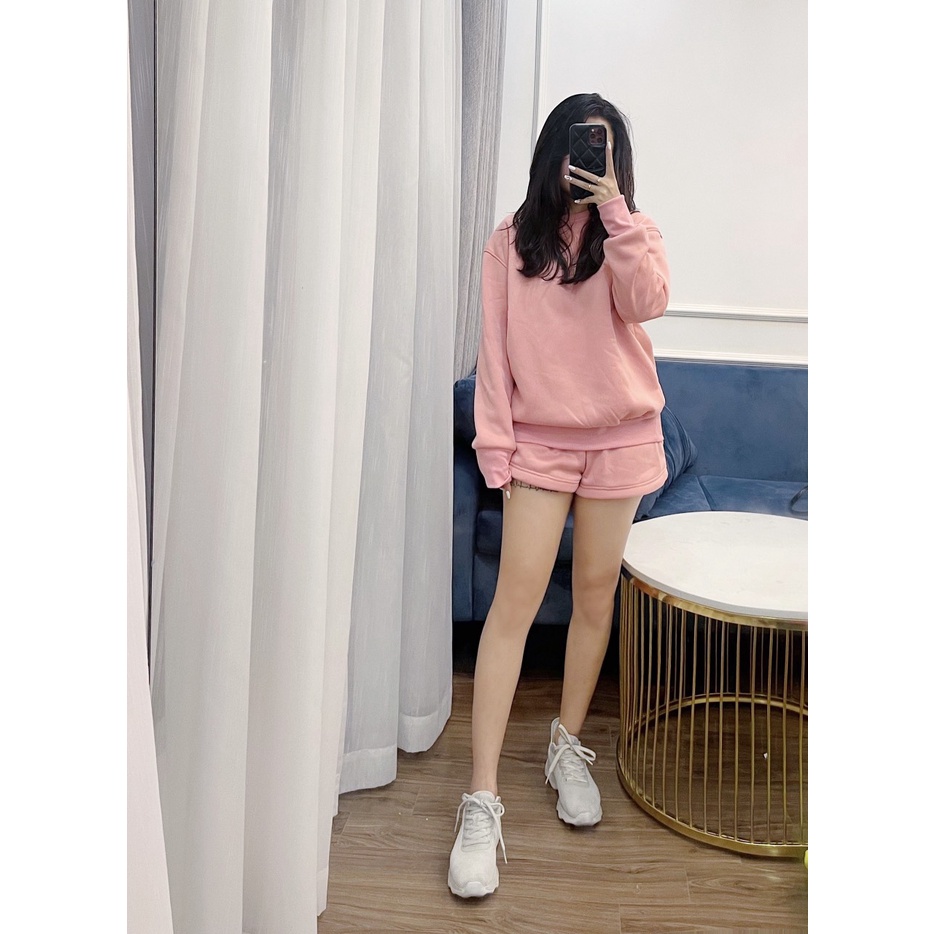 Set bộ nỉ đùi nữ ESSENTIAL gồm áo dài tay cổ tròn và quần sooc 5 màu trơn siêu xinh, chất nỉ bông dày dặn, rẻ đẹp