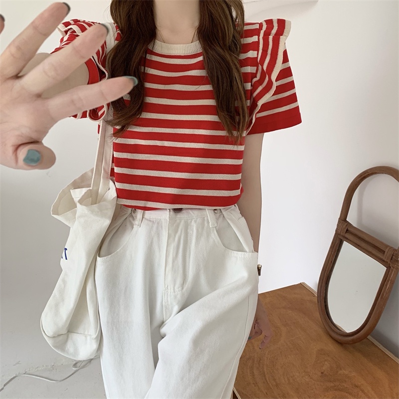 【Hana and Alice】Áo Thun Dệt Kim Tay Ngắn Cổ Tròn Họa Tiết Kẻ Sọc Thời Trang Cho Nữ