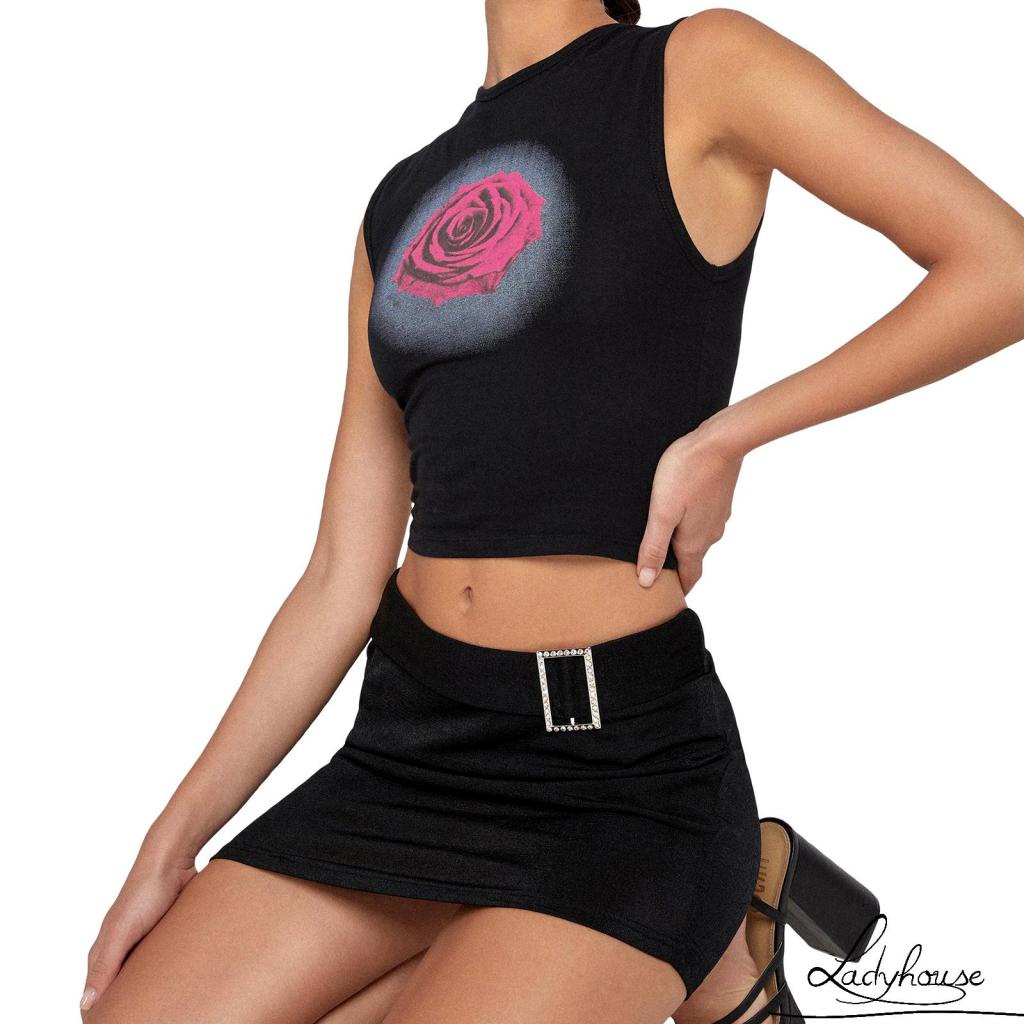 Áo Crop Top Không Tay Cổ Tròn Vừa Vặn In Họa Tiết Hoa Hồng/Môi Dành Cho Nữ