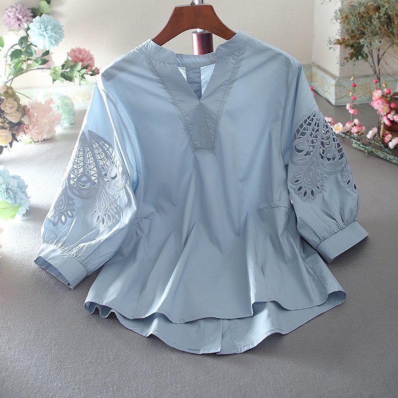 Áo Sơ Mi Cotton Cổ V Tay Lửng Dáng Rộng Thời Trang Cho Nữ