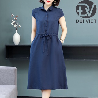 Đầm Váy sơ mi nữ thắt eo tay hến phong cách công sở Đũi Việt