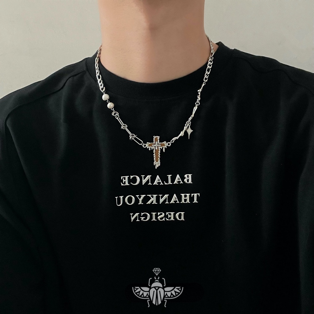 Vòng cổ Thép Titan Cao Cấp Phối Hạt Ngọc Trai Tự Nhiên Phong Cách hip hop Y2K Cá Tính Cho Nam Và Nữ