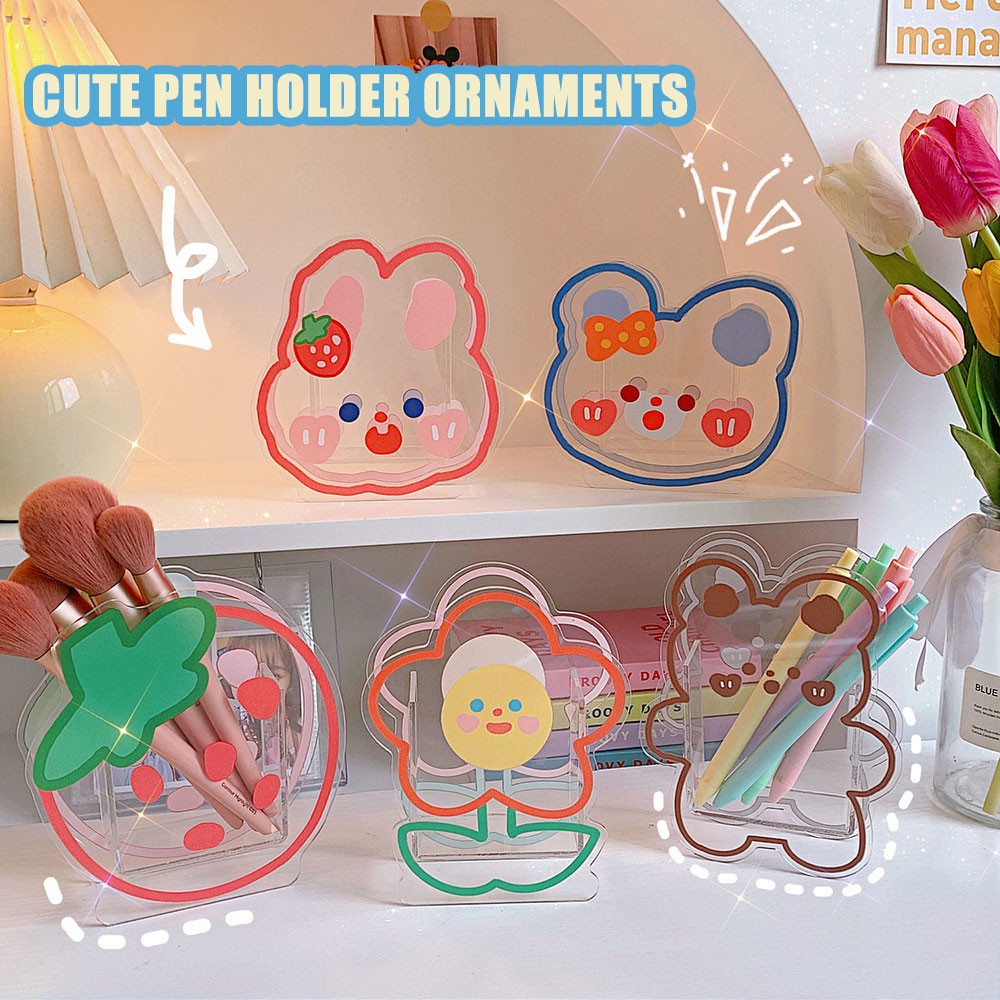 Hộp Đựng Bút/Đồ Trang Điểm Để Bàn Đa Năng Trong Suốt Họa Tiết Gấu/Thỏ Hoạt Hình Độc Đáo