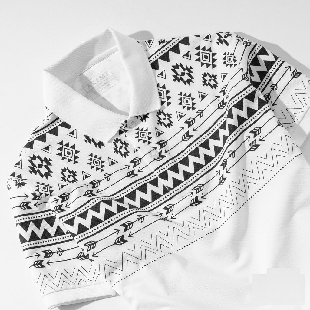 Áo thun POLO trắng in hoa văn Form slimfit ôm