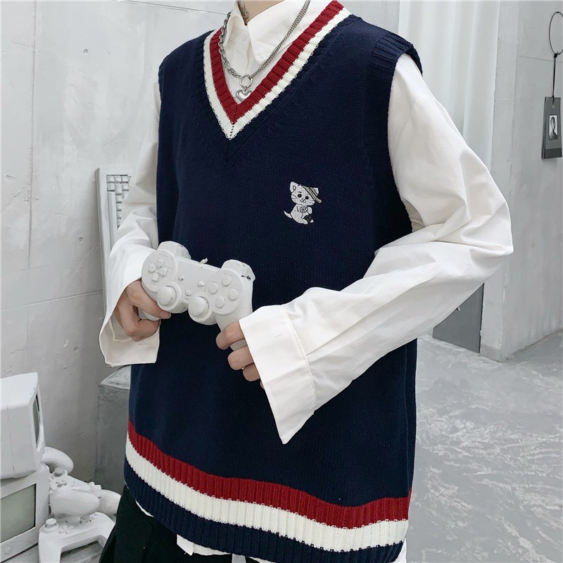 Áo len gile áo len nữ dáng rộng cổ chữ v Ullzzang mác mèo Hàn Quốc - 012