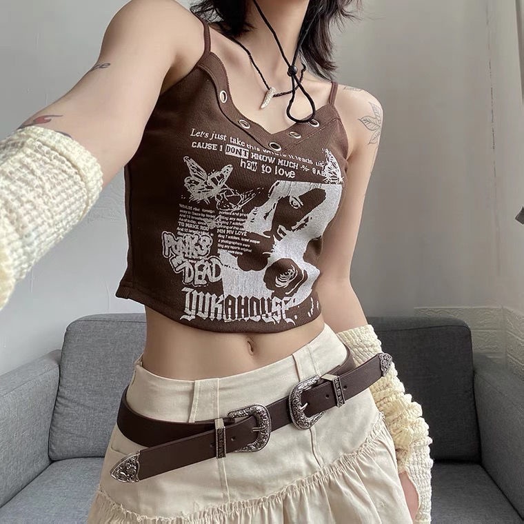 Áo Hai Dây Y2k Dáng Ngắn Ôm Sát In Họa Tiết Độc Đáo Phong Cách Mỹ Thời Trang Mùa Hè Cho Nữ