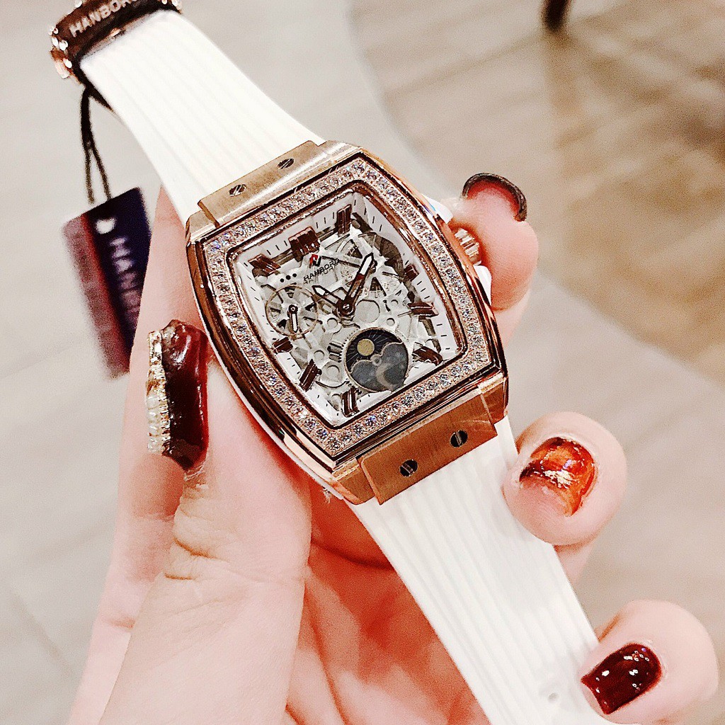 Đồng Hồ Hanboro Nữ Dây Silicon Trắng Rose Gold Authentic 36mm