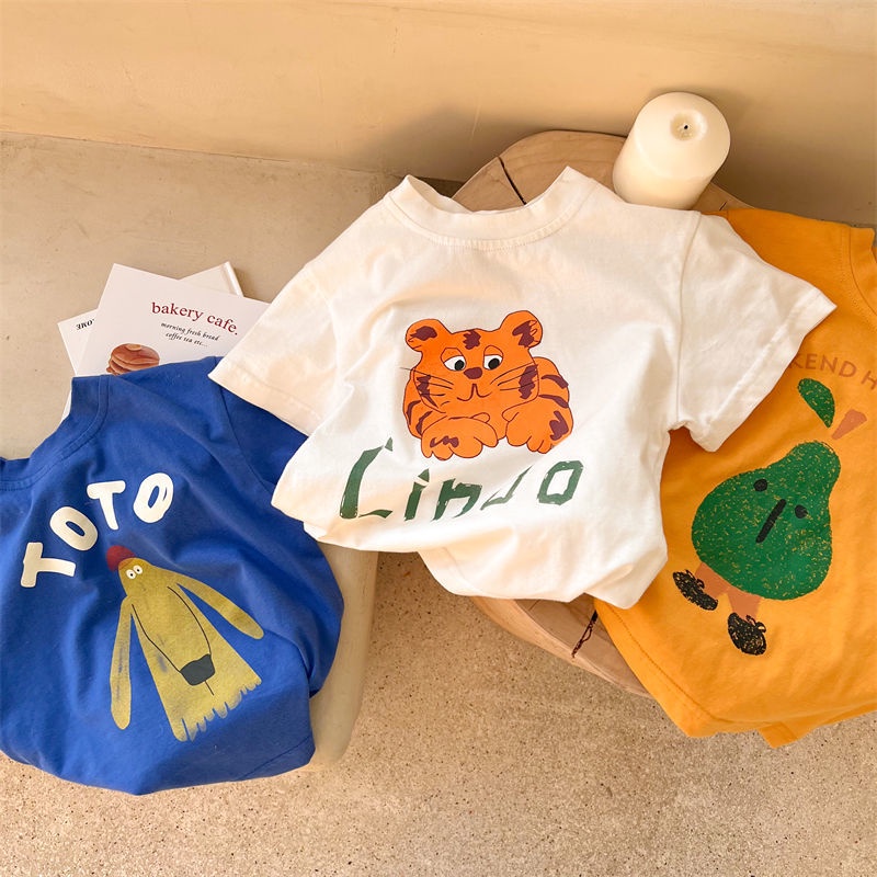 Áo thun bằng cotton nguyên chất 100% ngắn tay in họa tiết hoạt hình cho bé sáu màu