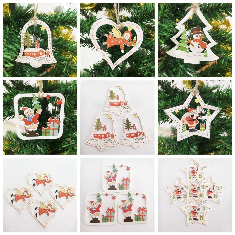 Set 10 Phụ Kiện Trang Trí Cây Thông Giáng Sinh Bằng Gỗ Hình Ngôi Sao Trái Tim Thiên Thần