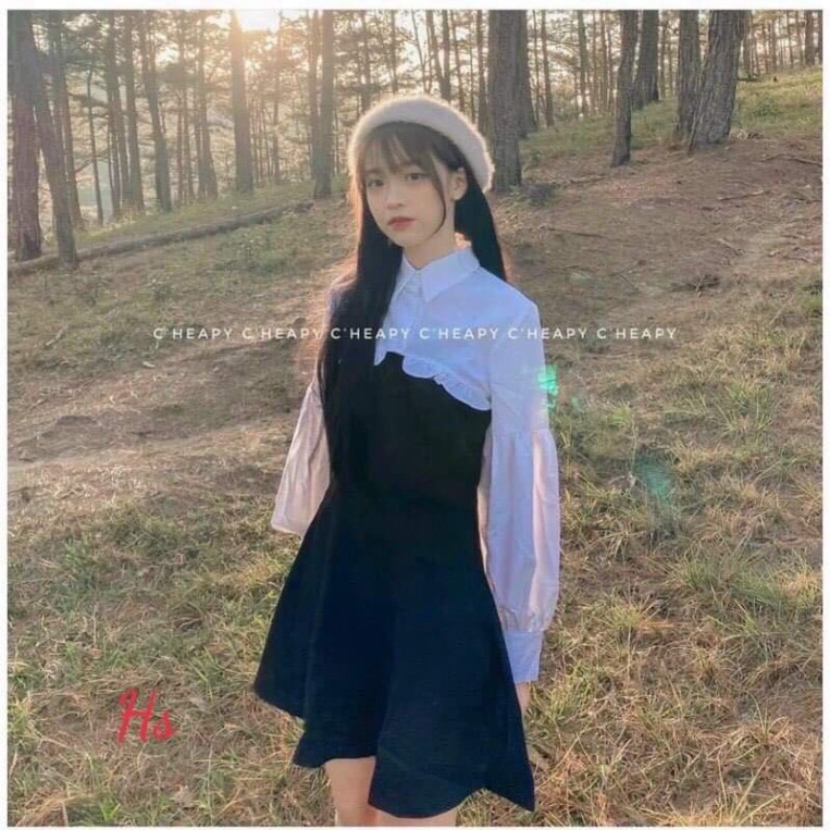 Set Jenni Áo Sơ Mi Croptop Nửa Ngực Mix Váy 2 Dây body 🦋 Nasu may🦋 Set áo tay bồng dài tay trắng kèm váy đen hot