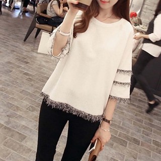 Áo tay lửng 3 / 4 màu trắng tua rua thời trang cho nữ