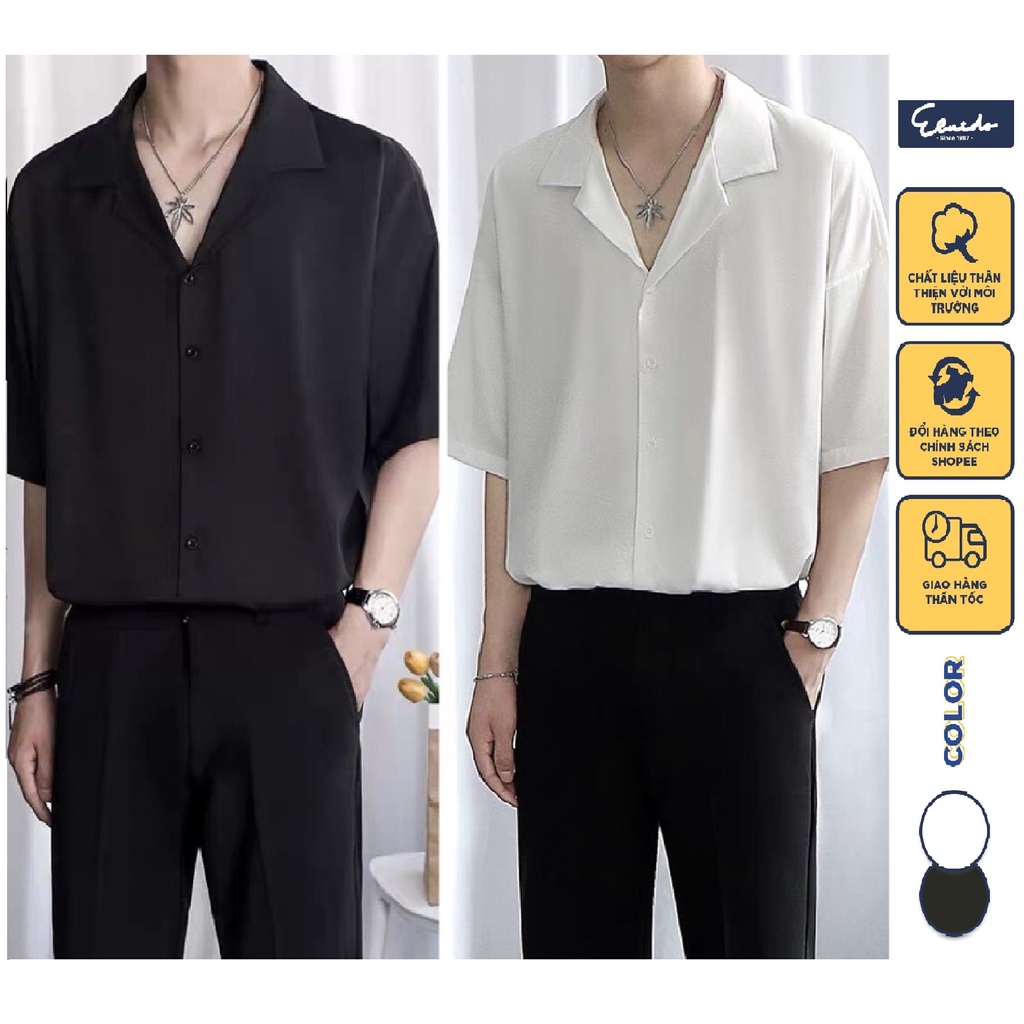 Áo sơ mi tay ngắn nam nữ form rộng, sơ mi cổ vest unisex Hàn Quốc, chất vải lụa dãn