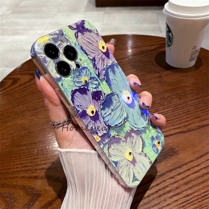 Ốp Điện Thoại Mềm Bo Viền Họa Tiết Tranh Sơn Dầu Đính Đá Blu-ray Cho iPhone 11 12 13 Pro Max X XR Xs Max