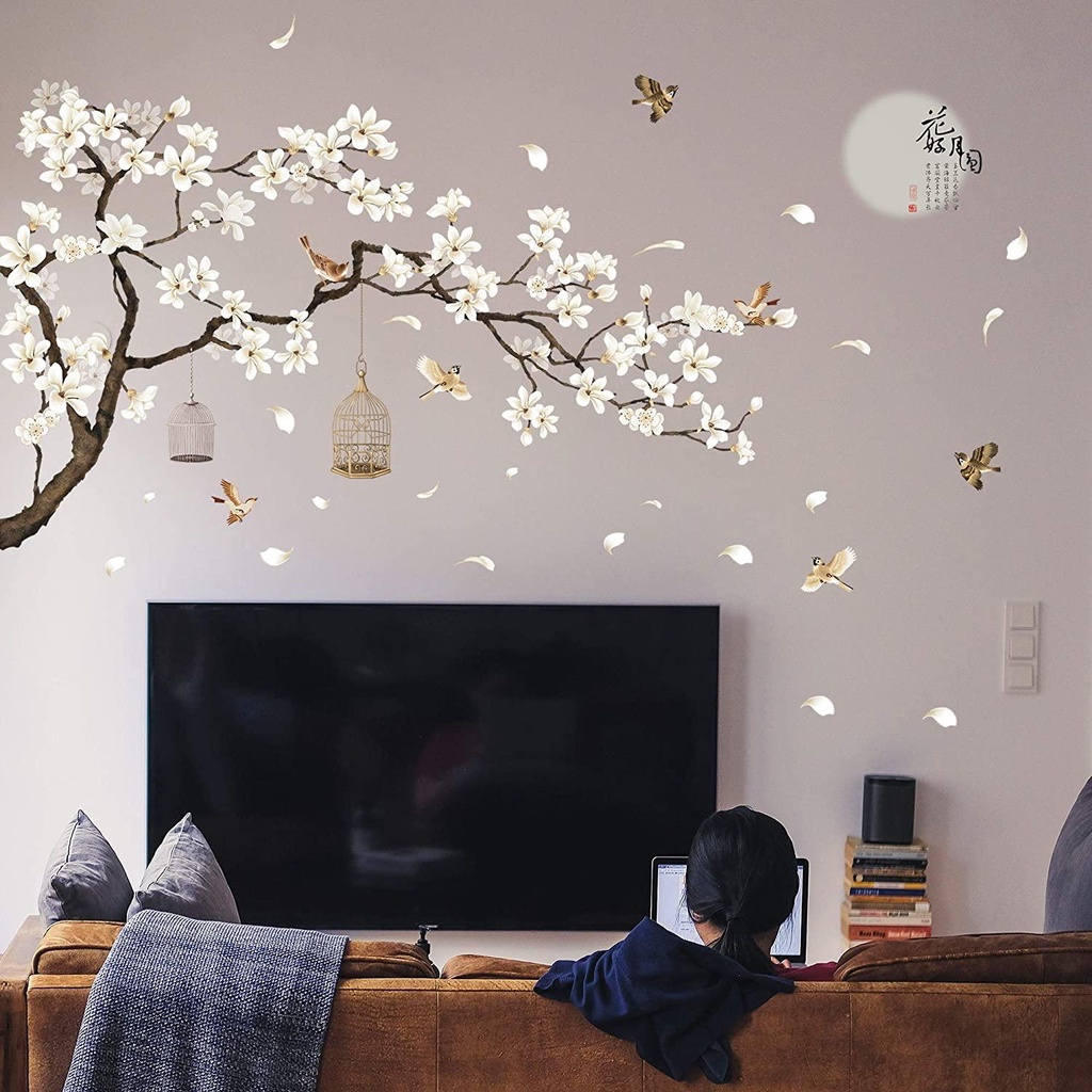 Đề Can Dán Tường Tự Dính DIY Hình Mặt Trăng Và Chim Bay Phong Cách Trung Hoa