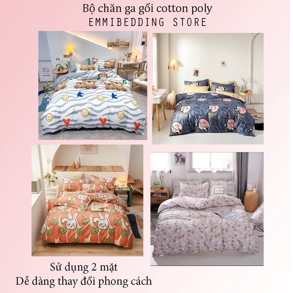 Chăn ga gối Emmibedding chất liệu cotton poly họa tiết xinh xắn đáng yêu đủ size miễn phí bo chun