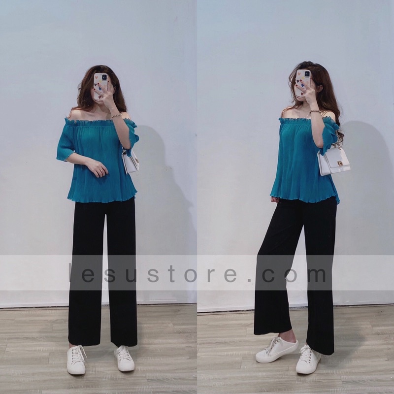 Áo bẹt vai dập li tay xoè