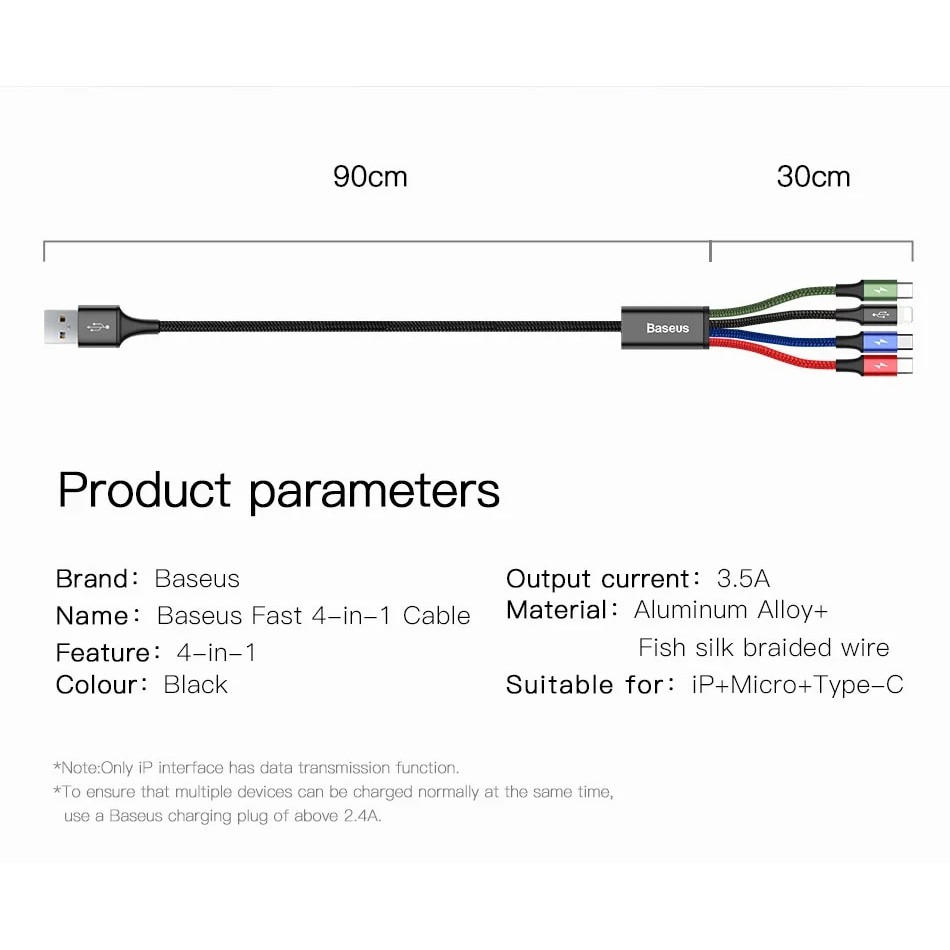 Dây Sạc 4 Đầu Baseus RapidCHỐNG GÃYCáp Sạc Đa Năng Baseus Lightning/ Micro/ Type-C - Dây Sạc Nhanh 3.5A Bảo Hành 12T