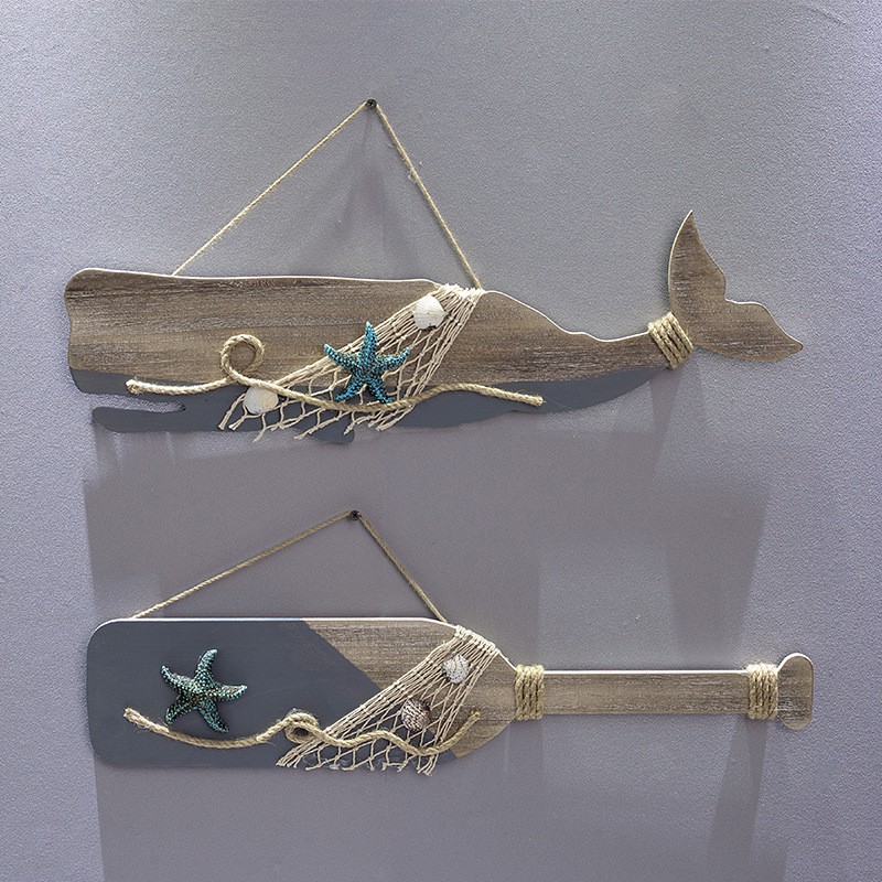 Mô hình gỗ cũ nhiều hình trang trí lưới và sao biển - Decor đồ trang trí theo phong cách biển Địa Trung Hải
