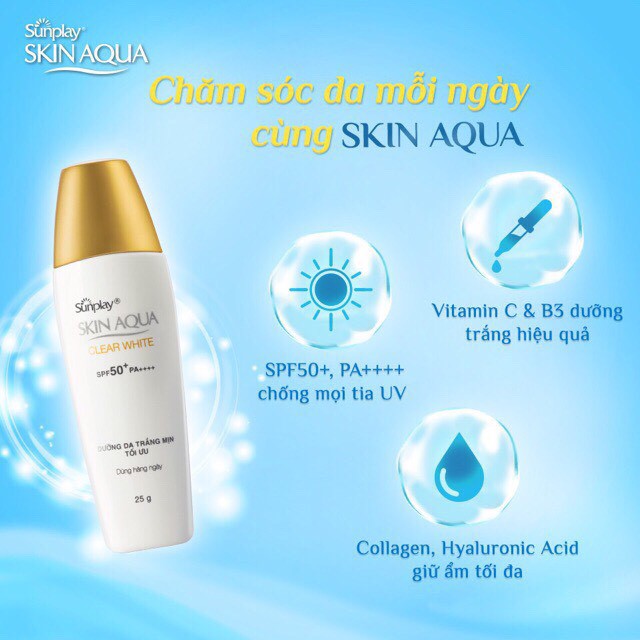 Chống nắng Sunplay Skin Aqua Clear White tặng SRM Hadalabo 25g/son màu Water Color