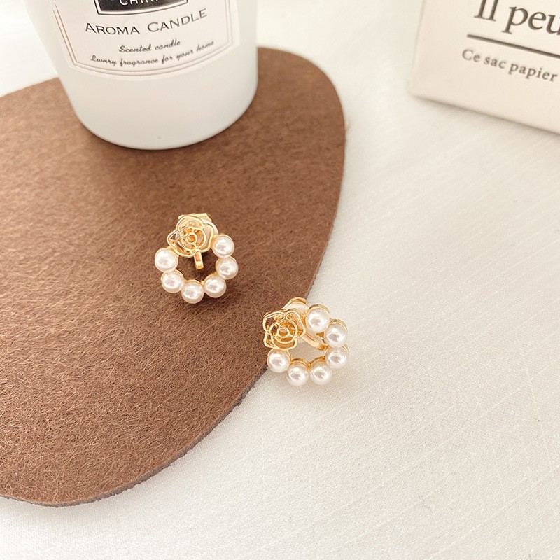 Khuyên tai kẹp không bấm lỗ chốt cố định K219 bằng hợp kim mạ vàng hình bông hoa gắn hạt trai dáng ngắn Leous