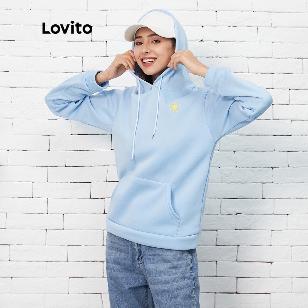 Áo sweatshirt Lovito có mũ trùm đầu phối dây rút họa tiết đơn giản L07181 (màu xanh dương nhạt) | BigBuy360 - bigbuy360.vn