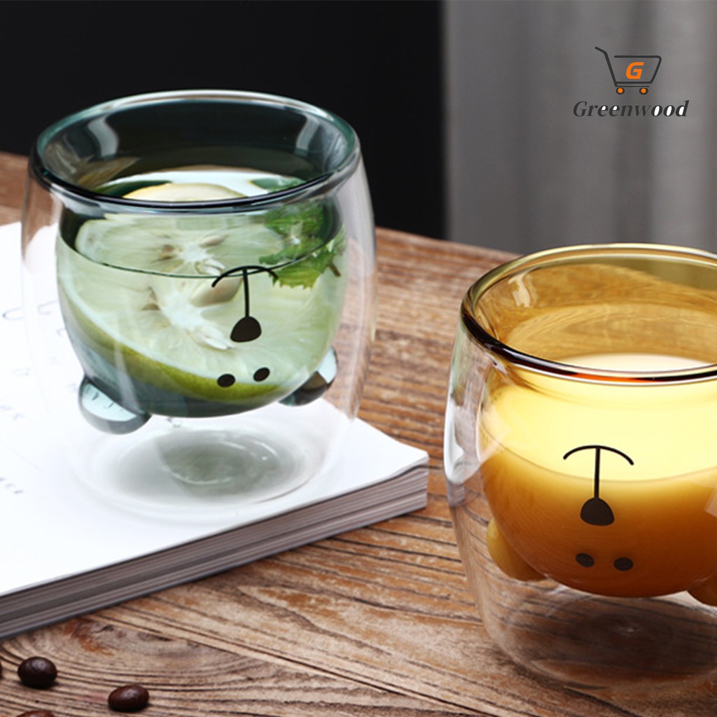 250ml Clear Cartoon Bear Double Wall Coffee Milk Juice Glass Cup Insulated Mug