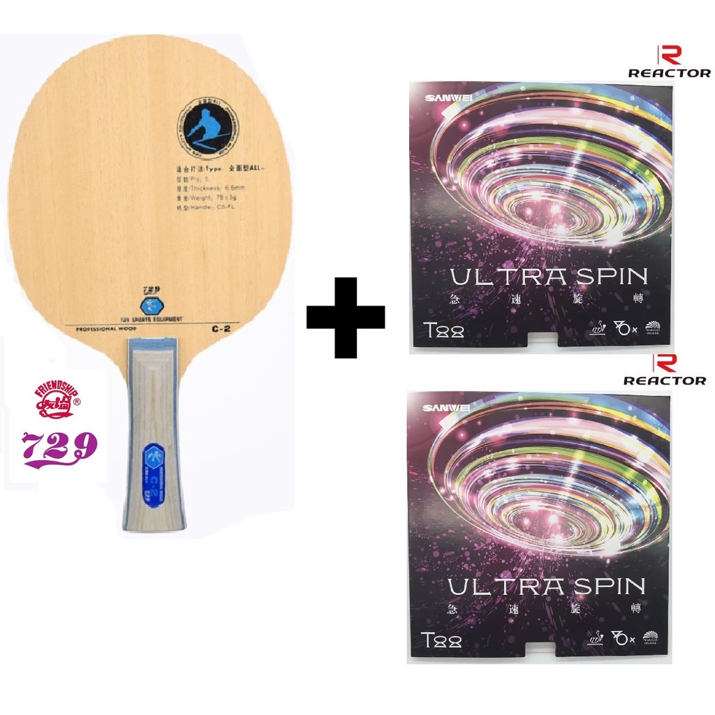 Combo vợt bóng bàn gồm cốt vợt 729 C-2 và hai mặt vợt SANWEI T88 ULTRA SPIN