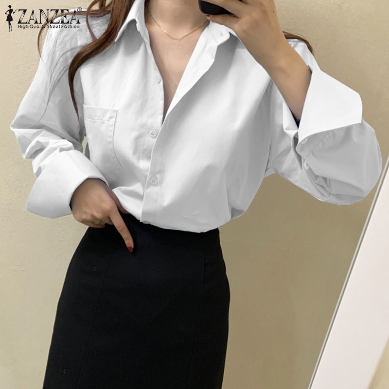 Zanzea Áo Sơ Mi Nữ Dài Tay Cổ Bẻ Thời Trang Đường Phố Hàn Quốc
