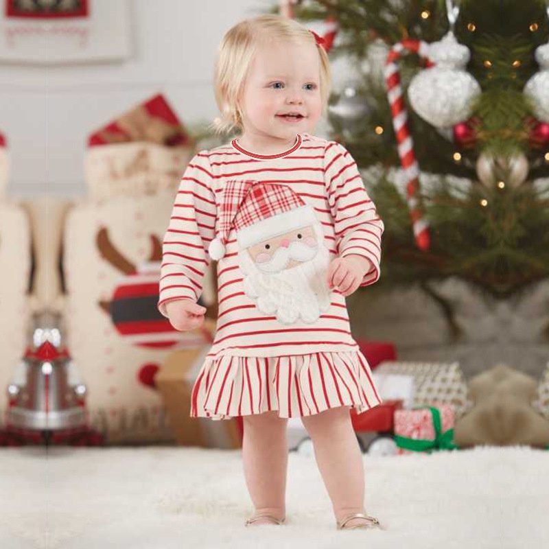 ready stockKids TalesQuần Áo Trẻ EminsThủy Triều Ông Già Noel Năm Mới Cô Gái Dài Tay Sọc Đầm Váy Bé
