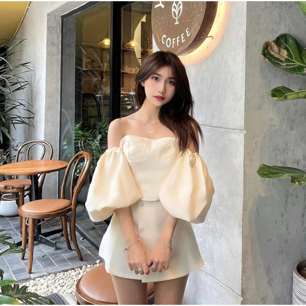 Set áo cup ngực tay phồng mix chân váy khuy đá chữ A có lót quần siêu xinh cá tính